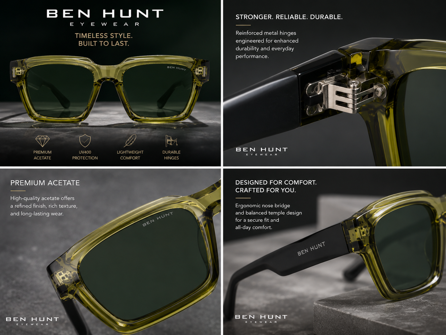 Ben Hunt Luxury Acetate Sunglasses for Men – UV400 Polarized Lens
