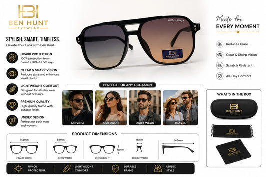 BEN HUNT Aviator Sunglasses for Men & Women | UV400 Gradient Grey Lenses | Lightweight Premium Square Metal Accent Frame | Unisex Eyewear for Driving, Travel & Outdoor Use