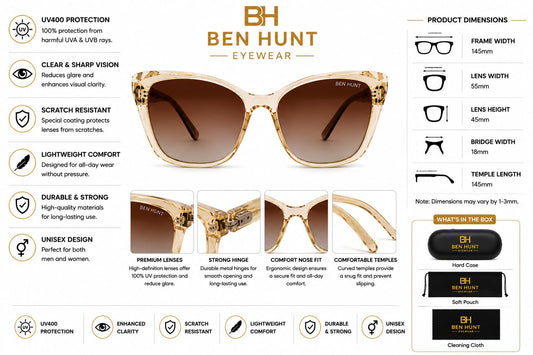 Ben Hunt Premium Cat Eye Sunglasses for Women | UV400 Protected Brown Gradient Lenses | Transparent Champagne Frame | Lightweight Fashion Eyewear for Driving, Travel & Daily Wear