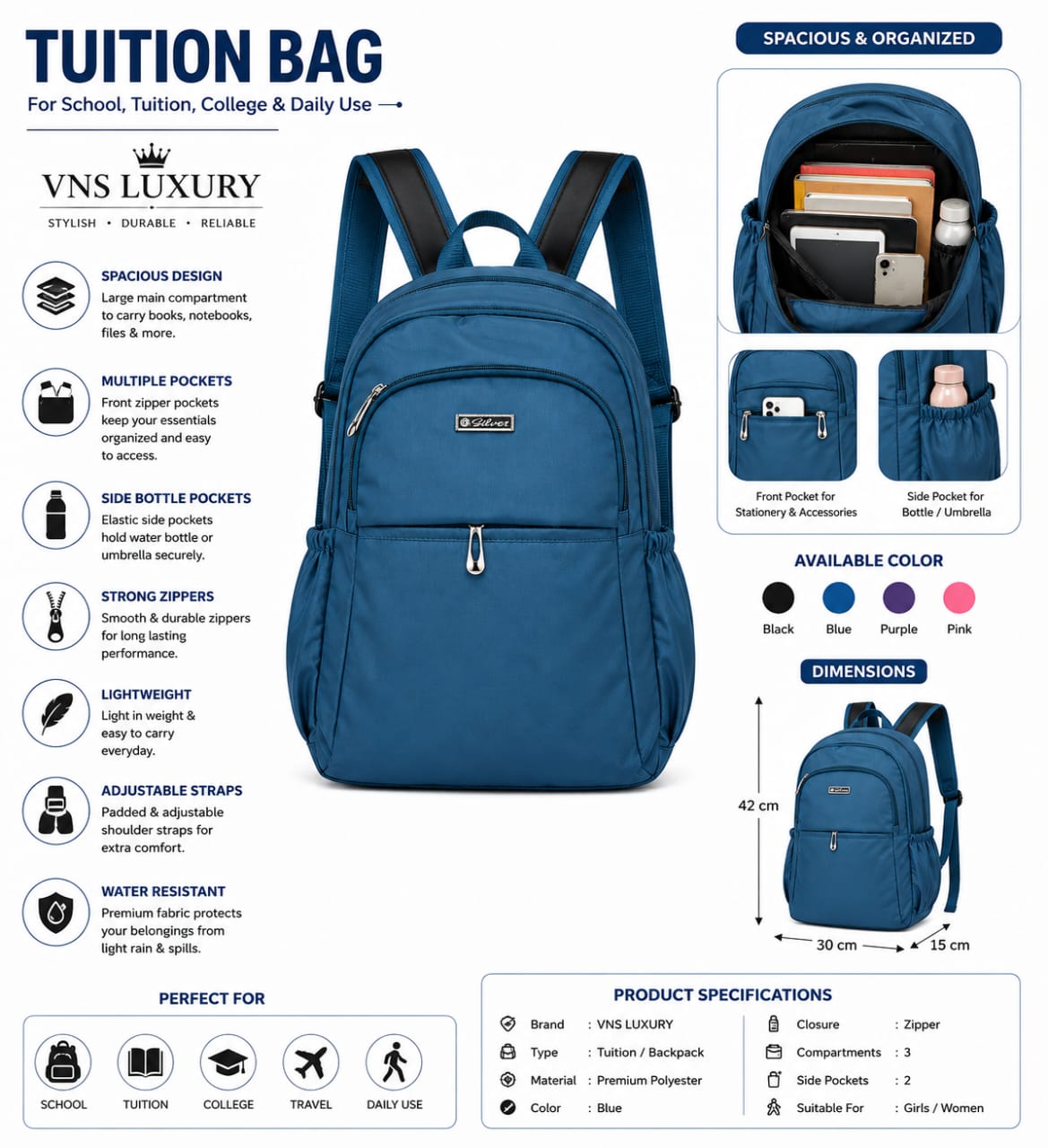 Silver Lightweight Water-Resistant Backpack for Women | School, College, Office & Travel Bag | Multiple Compartments |