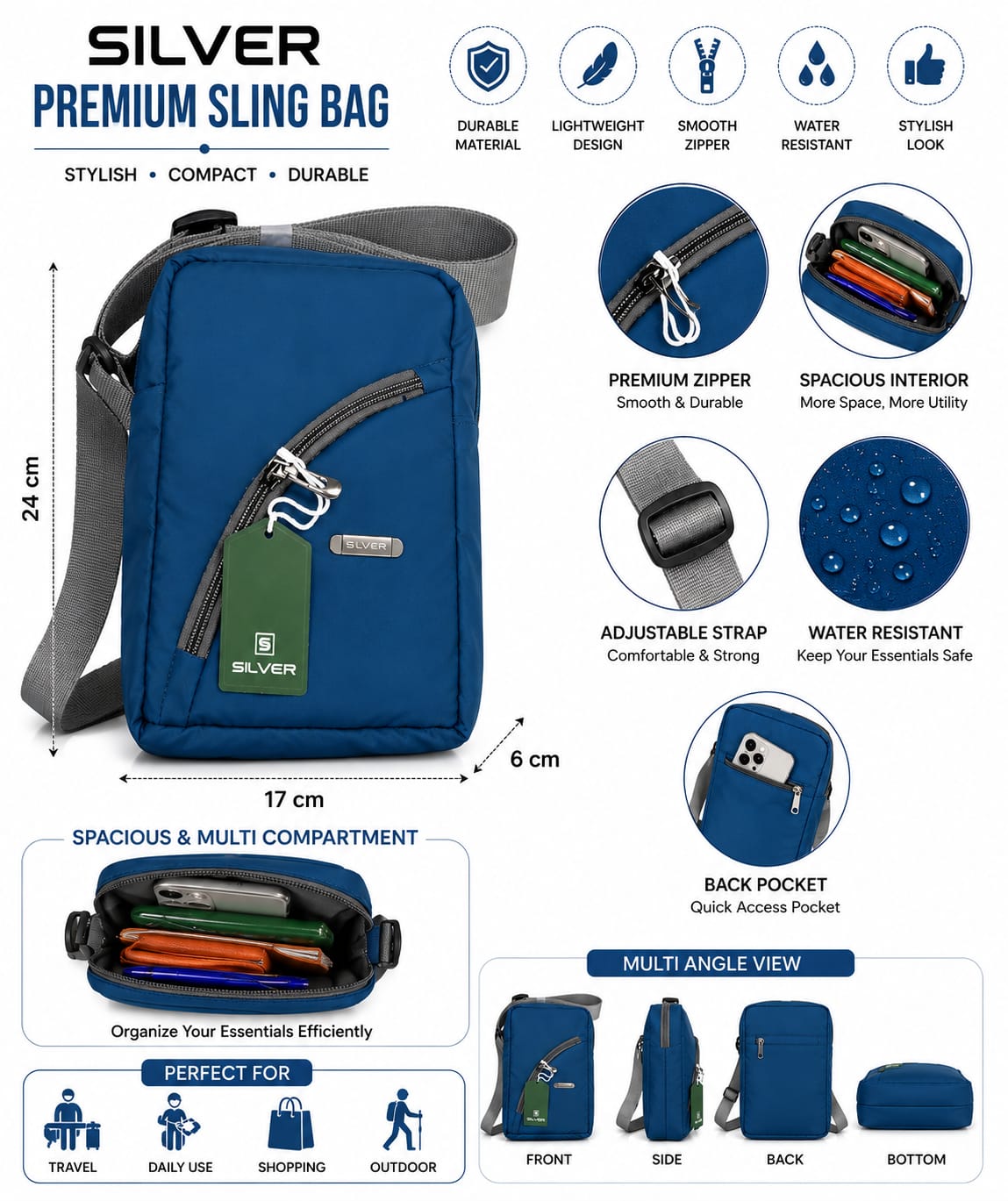 Men's Crossbody Sling Bag | Water-Resistant Travel Messenger Bag with Adjustable Shoulder Strap | Compact Side Bag for Mobile, Wallet & Daily Essentials