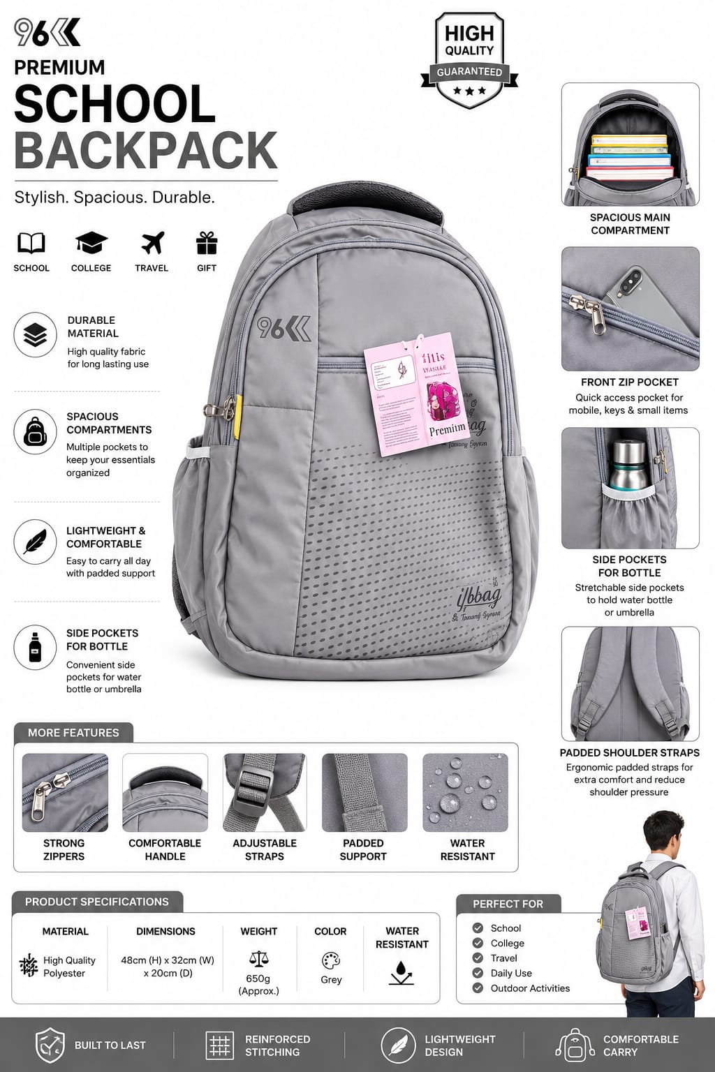 school bag for boys | Water-Resistant College & Office Bag | Travel Backpack with Multiple Compartments & Side Bottle Pockets | Black