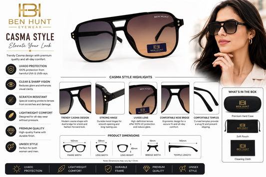 BEN HUNT Aviator Sunglasses for Men & Women | UV400 Gradient Grey Lenses | Lightweight Premium Square Metal Accent Frame | Unisex Eyewear for Driving, Travel & Outdoor Use