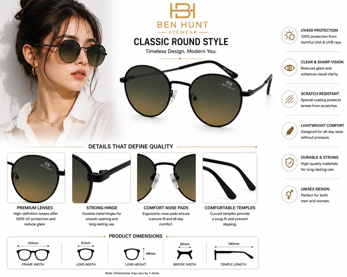 BEN HUNT Round Sunglasses for Men & Women | UV400 Polarized Style Gradient Green Lenses | Lightweight Metal Frame | Classic Retro Unisex Eyewear for Driving, Travel & Outdoor Use
