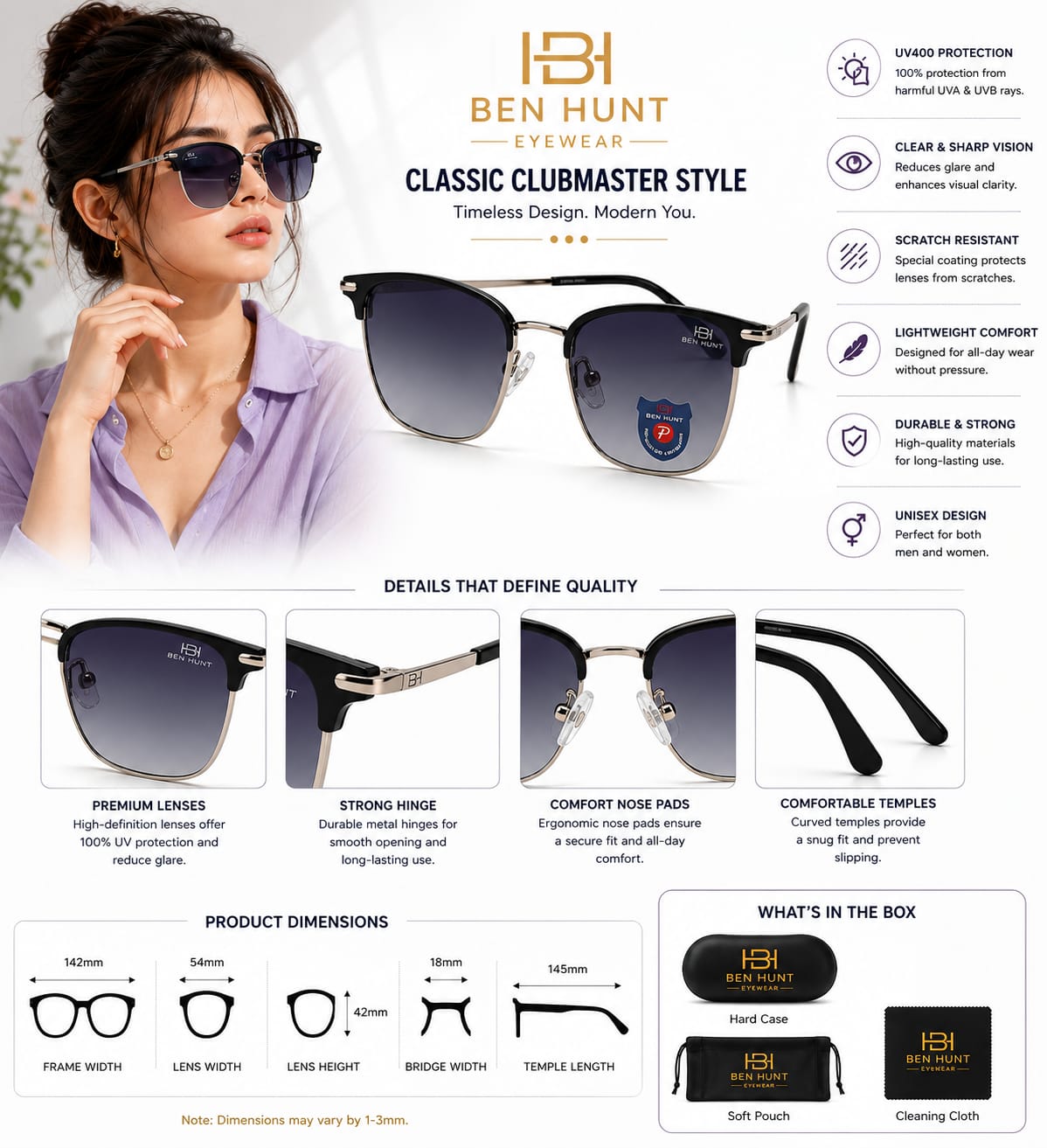BEN HUNT Clubmaster Sunglasses for Men & Women | UV400 Gradient Grey Lenses | Premium Half-Rim Metal Frame | Lightweight Unisex Eyewear for Driving, Travel & Outdoor Use