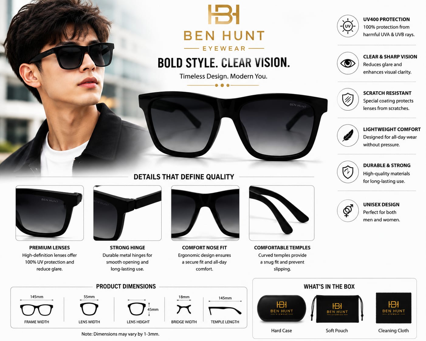 BEN HUNT Square Sunglasses for Men & Women | UV400 Gradient Grey Lenses | Premium Black Full-Frame | Lightweight Unisex Eyewear for Driving, Travel & Everyday Use