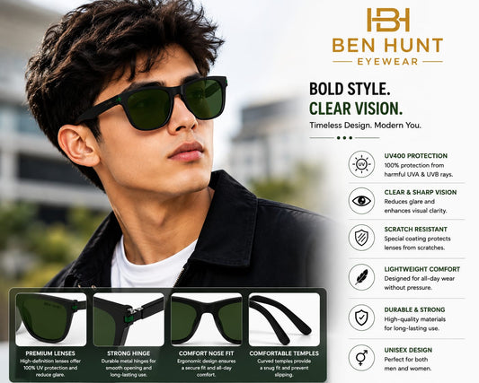 BEN HUNT Wayfarer Sunglasses for Men & Women | UV400 Green Lenses | Premium Black Full-Frame | Lightweight Unisex Eyewear for Driving, Travel & Outdoor Use