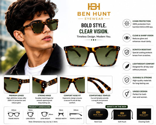 Ben Hunt Premium UV400 Polarized Square Sunglasses for Men & Women | Tortoise Brown Frame with Green Lens | Lightweight, Scratch-Resistant, Stylish Eyewear for Driving, Travel & Outdoor Use