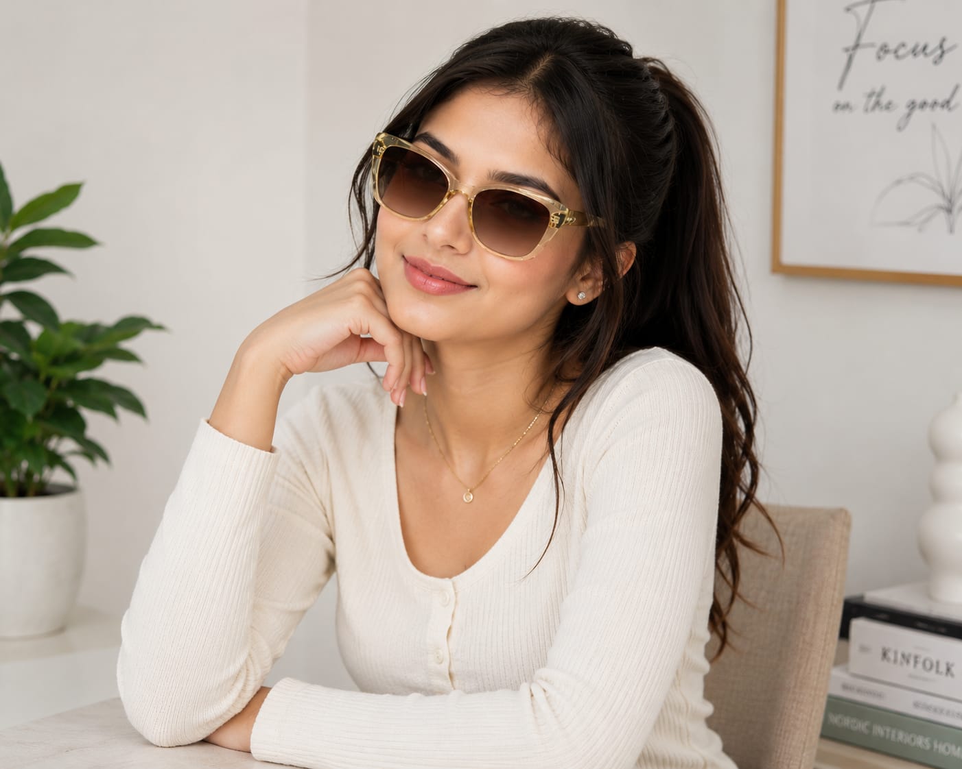 Ben Hunt Premium Cat Eye Sunglasses for Women | UV400 Protected Brown Gradient Lenses | Transparent Champagne Frame | Lightweight Fashion Eyewear for Driving, Travel & Daily Wear