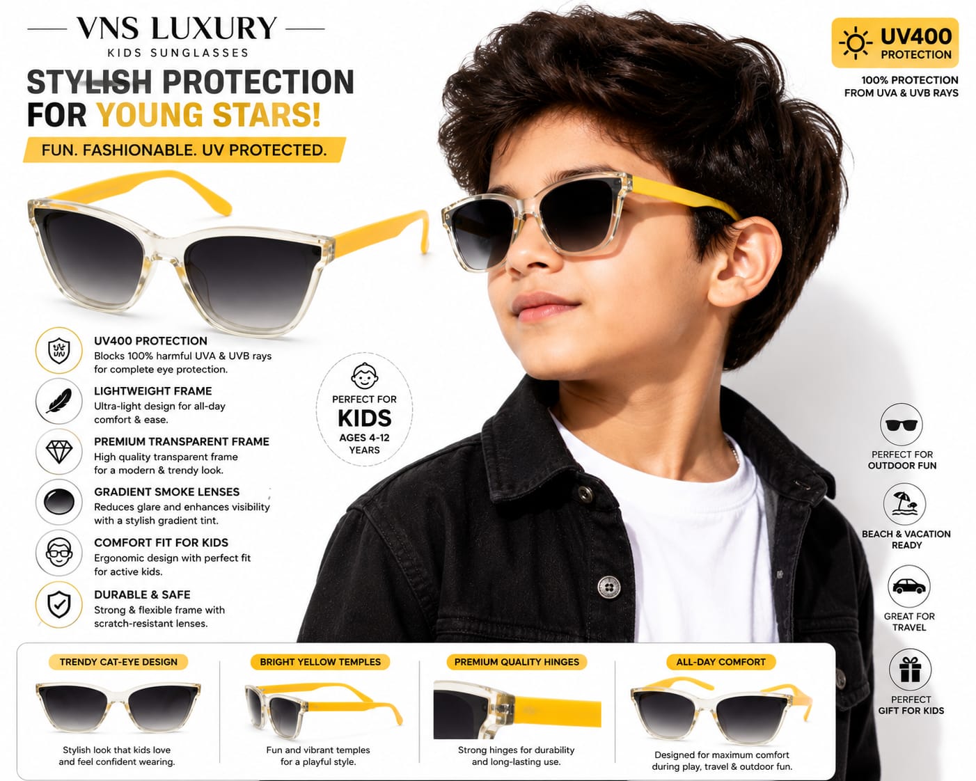 Kids UV400 Sunglasses for Boys | Stylish Cat Eye Frame | Gradient Black Lens | Transparent Crystal Frame with Yellow Temples | Lightweight Outdoor Sunglasses for Ages 5–12