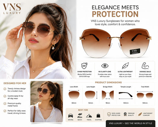 Women's Rimless Oversized Square Sunglasses – UV400 Protection, Brown Gradient Lenses, Gold Metal Frame, Lightweight Fashion Sunglasses for Driving, Travel & Outdoor Wear
