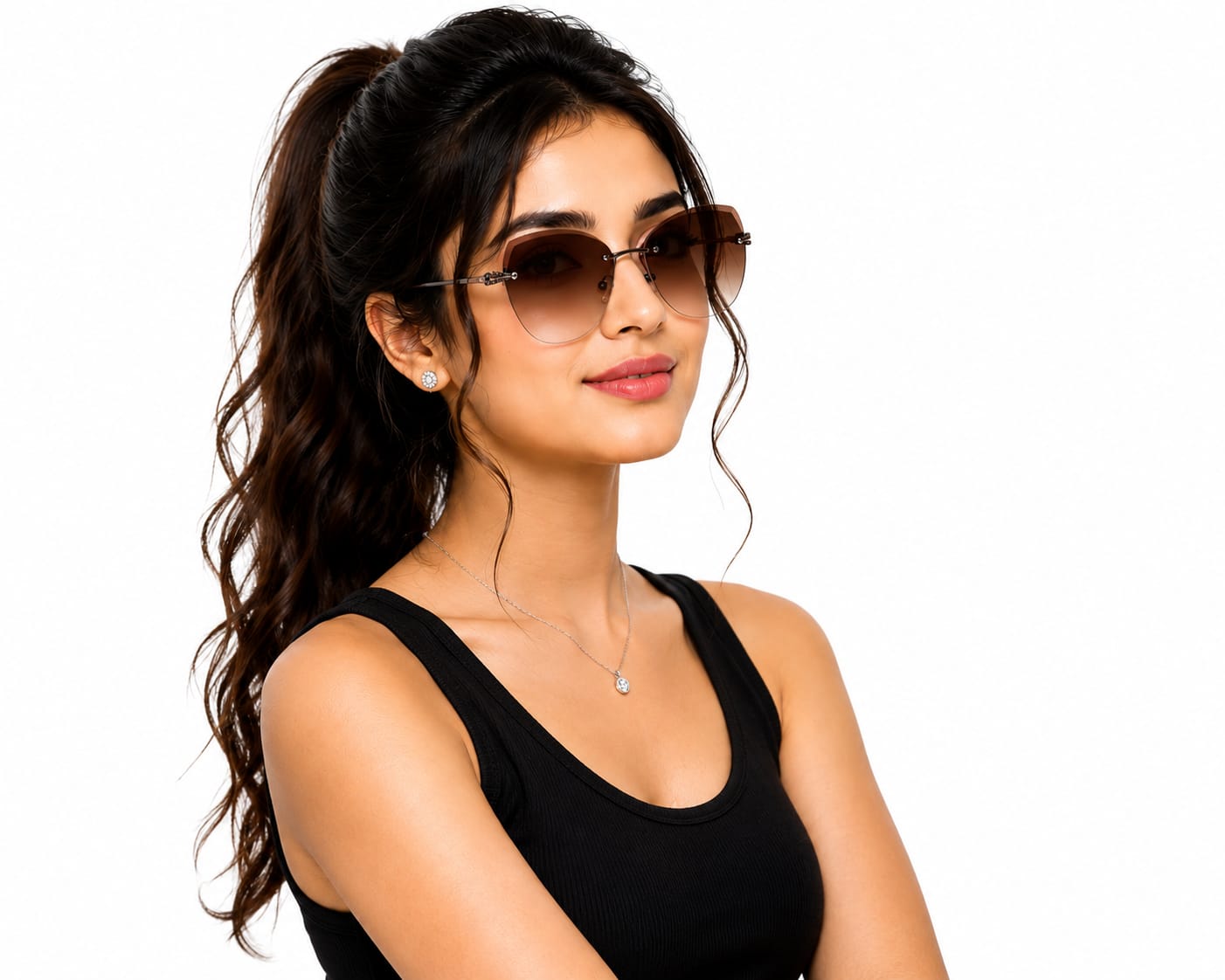 Women's Rimless Oversized Square Sunglasses – UV400 Protection, Brown Gradient Lenses, Gunmetal Metal Frame, Lightweight Designer Fashion Sunglasses for Driving, Travel & Outdoor Wear
