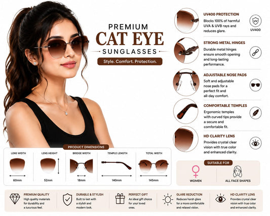 Women's Rimless Oversized Square Sunglasses – UV400 Protection, Brown Gradient Lenses, Gunmetal Metal Frame, Lightweight Designer Fashion Sunglasses for Driving, Travel & Outdoor Wear