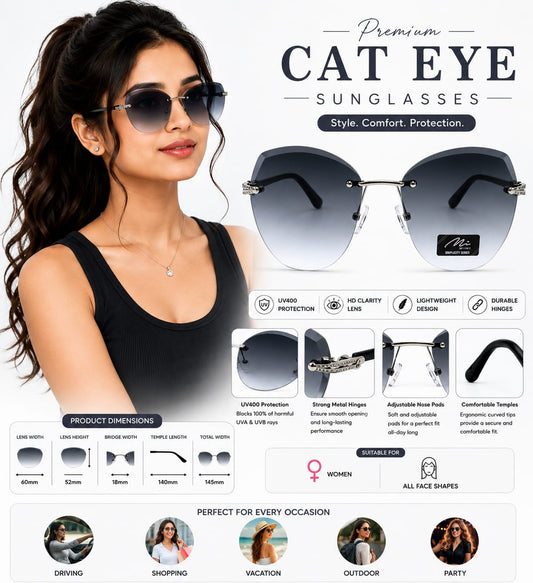 Women's Rimless Oversized Square Sunglasses – UV400 Protection, Grey Gradient Lenses, Silver Metal Frame, Lightweight Fashion Sunglasses for Driving, Travel & Outdoor Wear
