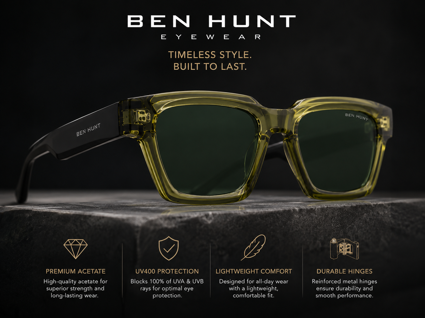Ben Hunt Luxury Acetate Sunglasses for Men – UV400 Polarized Lens