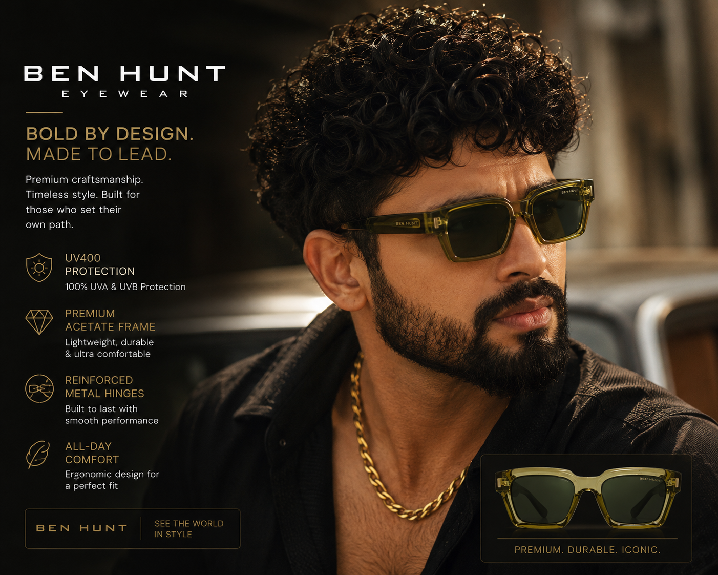 Ben Hunt Luxury Acetate Sunglasses for Men – UV400 Polarized Lens