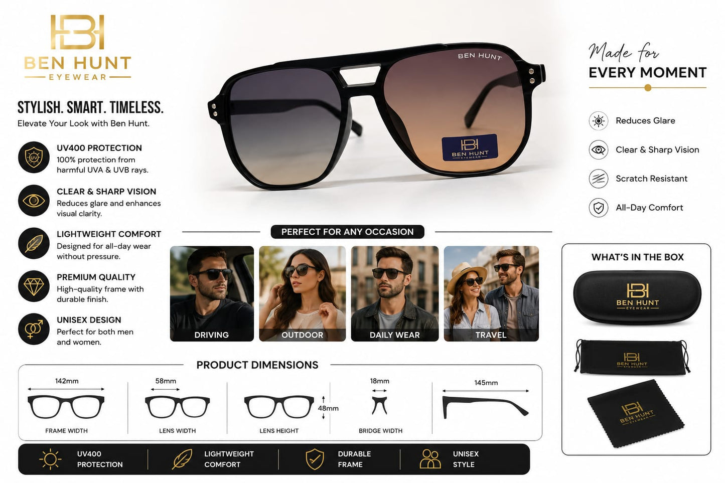 BEN HUNT Aviator Sunglasses for Men & Women | UV400 Gradient Grey Lenses | Lightweight Premium Square Metal Accent Frame | Unisex Eyewear for Driving, Travel & Outdoor Use