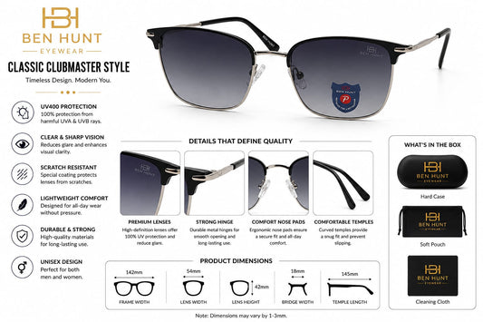 BEN HUNT Clubmaster Sunglasses for Men & Women | UV400 Gradient Grey Lenses | Premium Half-Rim Metal Frame | Lightweight Unisex Eyewear for Driving, Travel & Outdoor Use