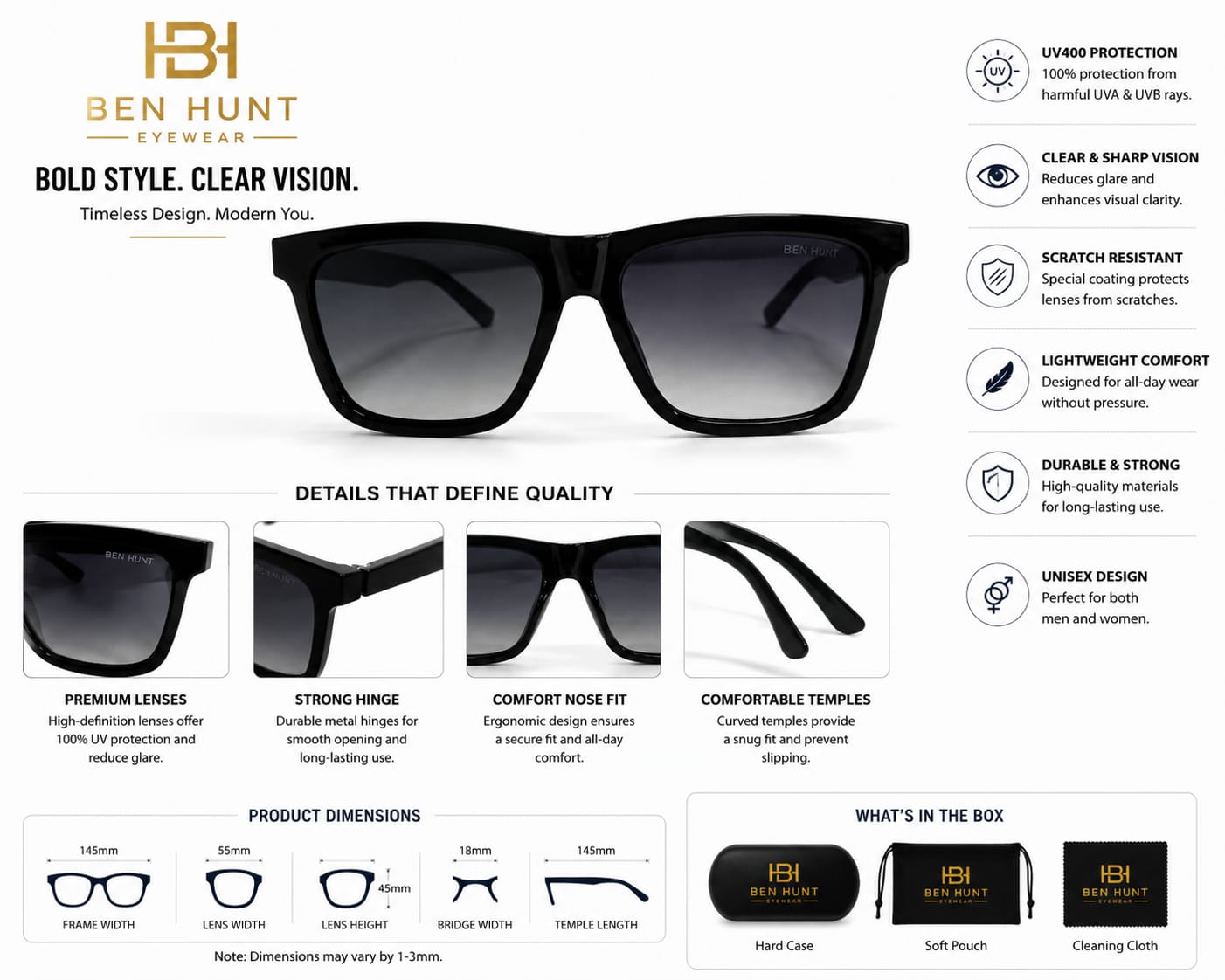 BEN HUNT Square Sunglasses for Men & Women | UV400 Gradient Grey Lenses | Premium Black Full-Frame | Lightweight Unisex Eyewear for Driving, Travel & Everyday Use