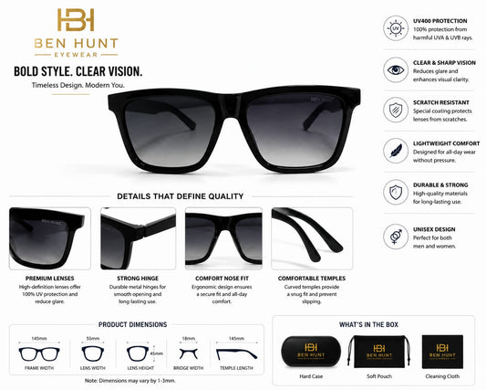 BEN HUNT Square Sunglasses for Men & Women | UV400 Gradient Grey Lenses | Premium Black Full-Frame | Lightweight Unisex Eyewear for Driving, Travel & Everyday Use