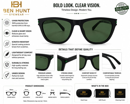 BEN HUNT Wayfarer Sunglasses for Men & Women | UV400 Green Lenses | Premium Black Full-Frame | Lightweight Unisex Eyewear for Driving, Travel & Outdoor Use