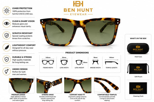 Ben Hunt Premium UV400 Polarized Square Sunglasses for Men & Women | Tortoise Brown Frame with Green Lens | Lightweight, Scratch-Resistant, Stylish Eyewear for Driving, Travel & Outdoor Use