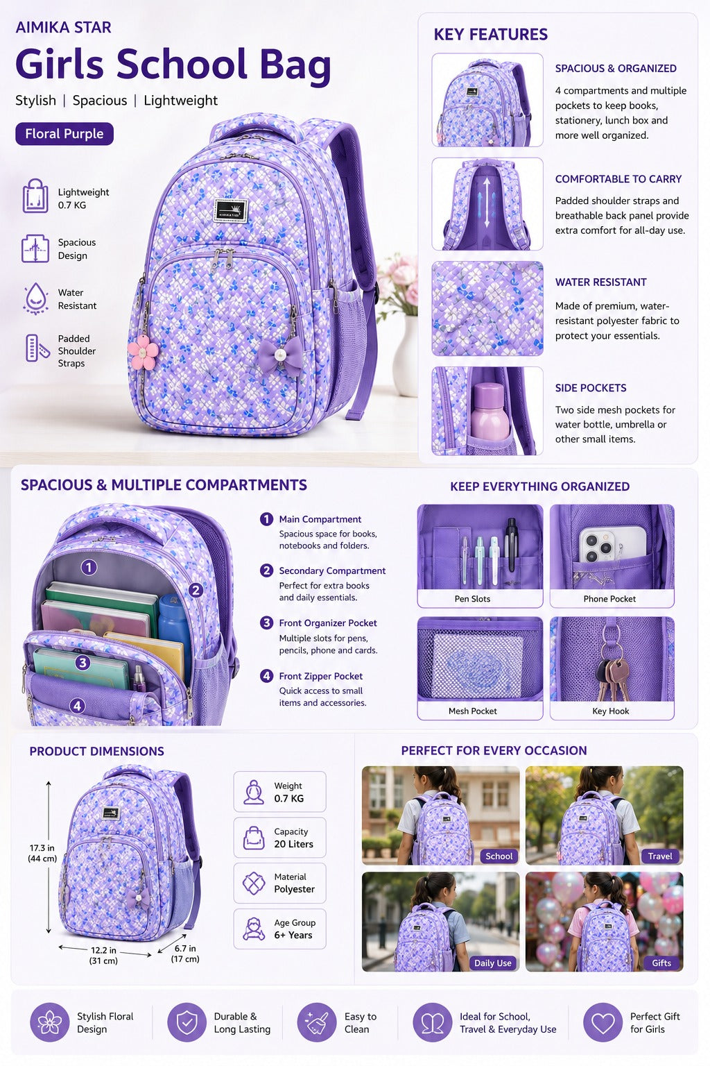 Carrierry Floral Print School Backpack for Girls & Women | Lightweight Water-Resistant College Bag | Spacious Casual Travel Backpack with Multiple Compartments |