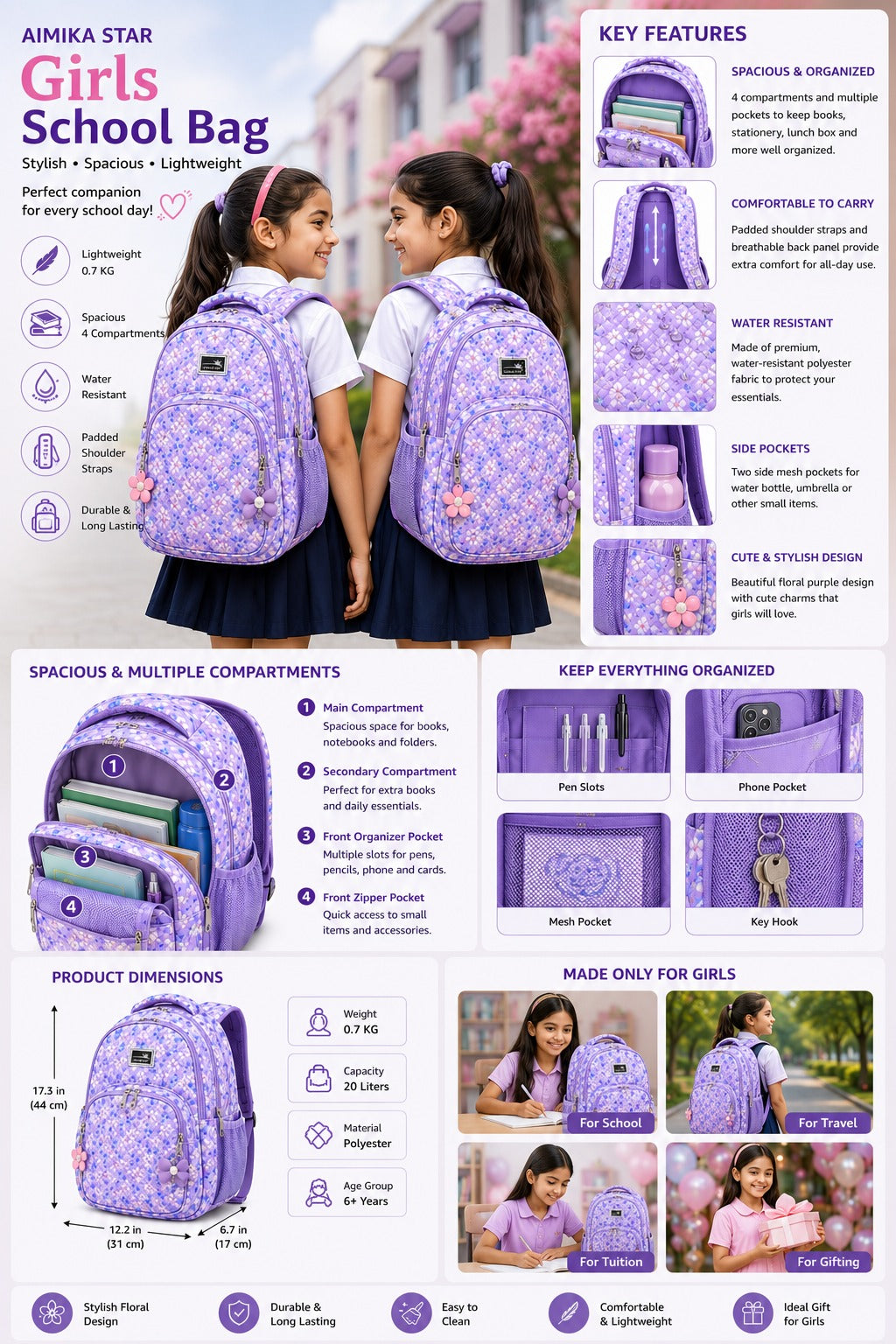 Carrierry Floral Print School Backpack for Girls & Women | Lightweight Water-Resistant College Bag | Spacious Casual Travel Backpack with Multiple Compartments |