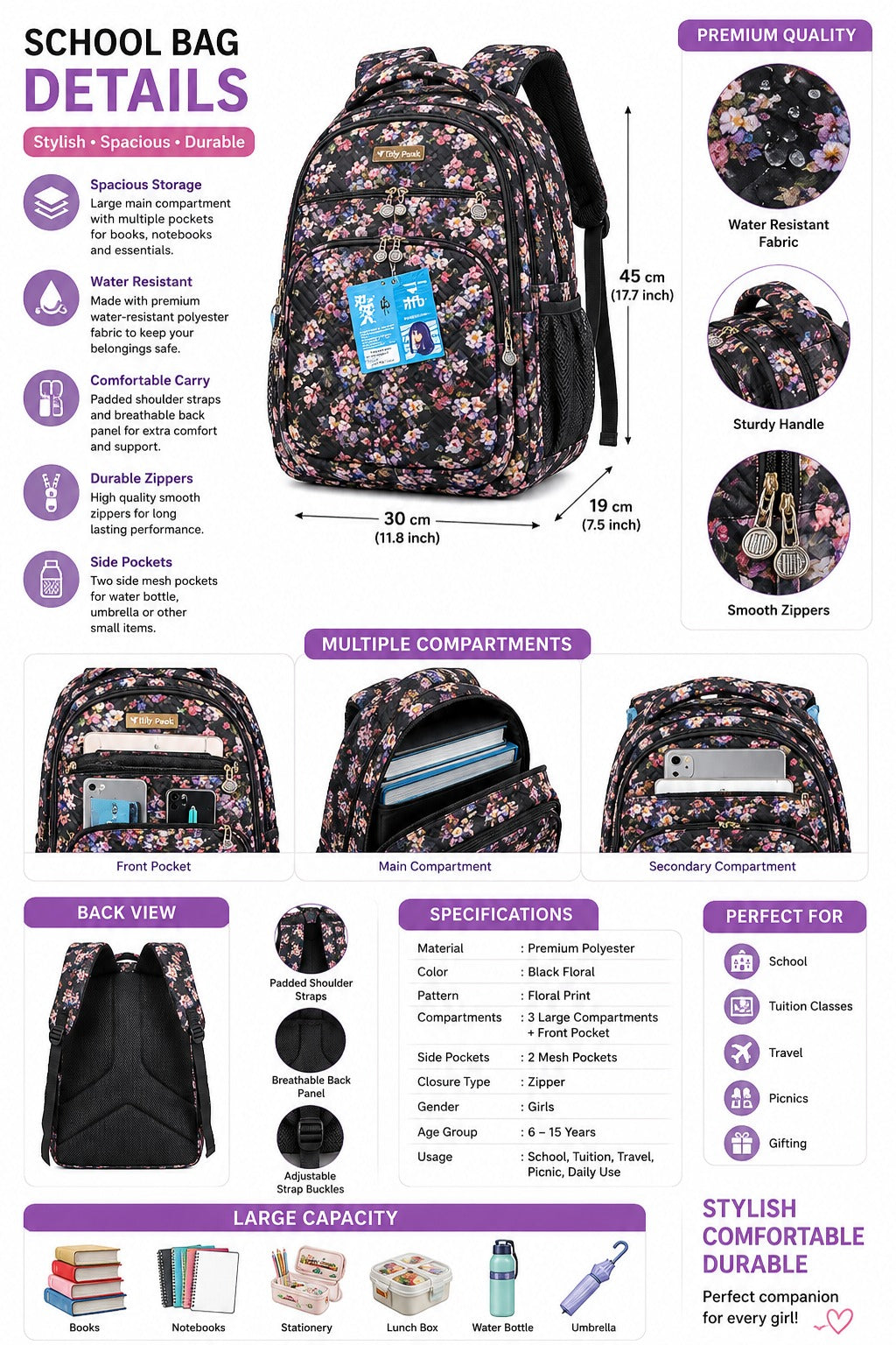 Carrierry Floral Print School Backpack for Girls & Women | Lightweight Water-Resistant College Bag | Spacious Casual Travel Backpack with Multiple Compartments |