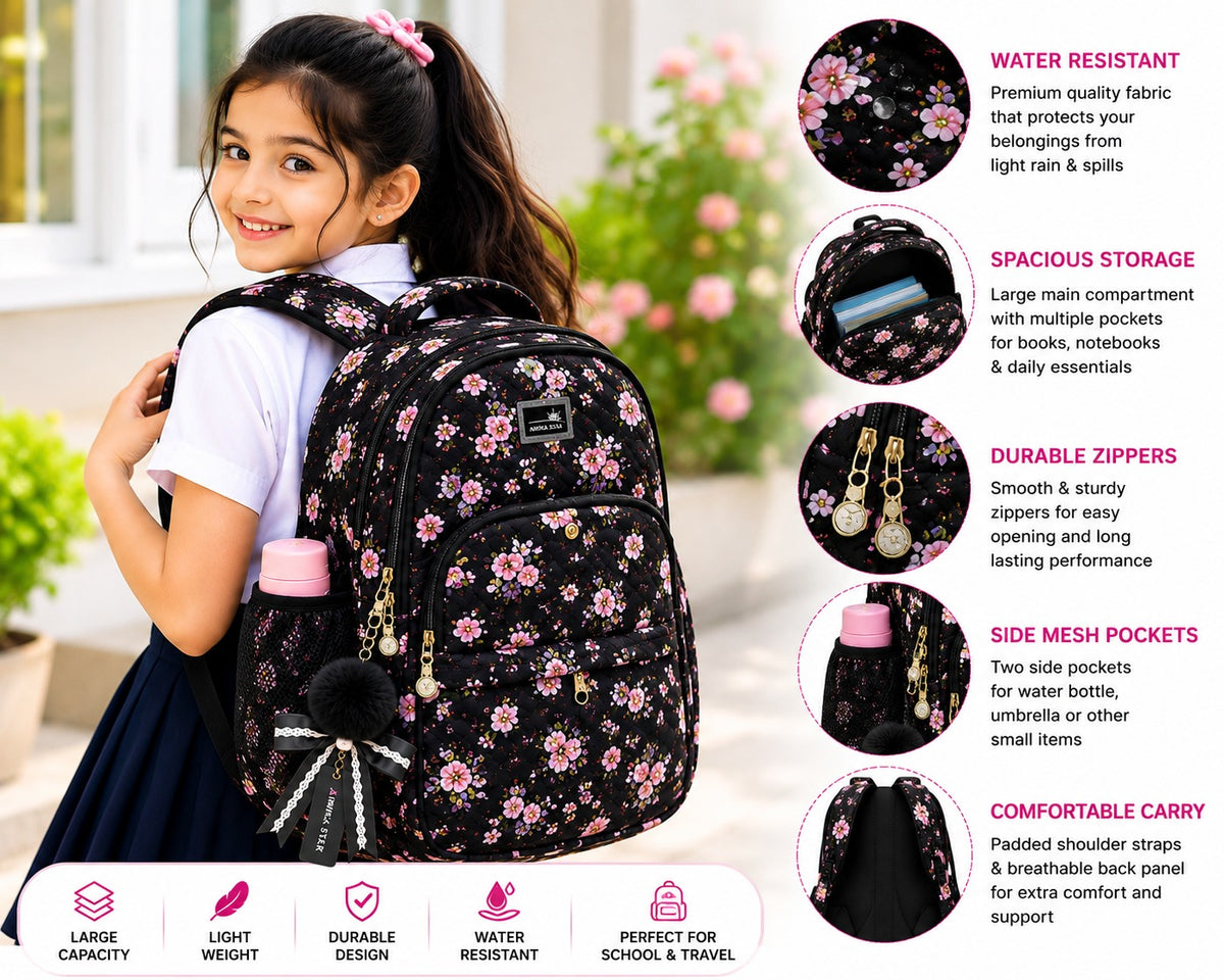 Carrierry Floral Print School Backpack for Girls & Women | Lightweight Water-Resistant College Bag | Spacious Casual Travel Backpack with Multiple Compartments |