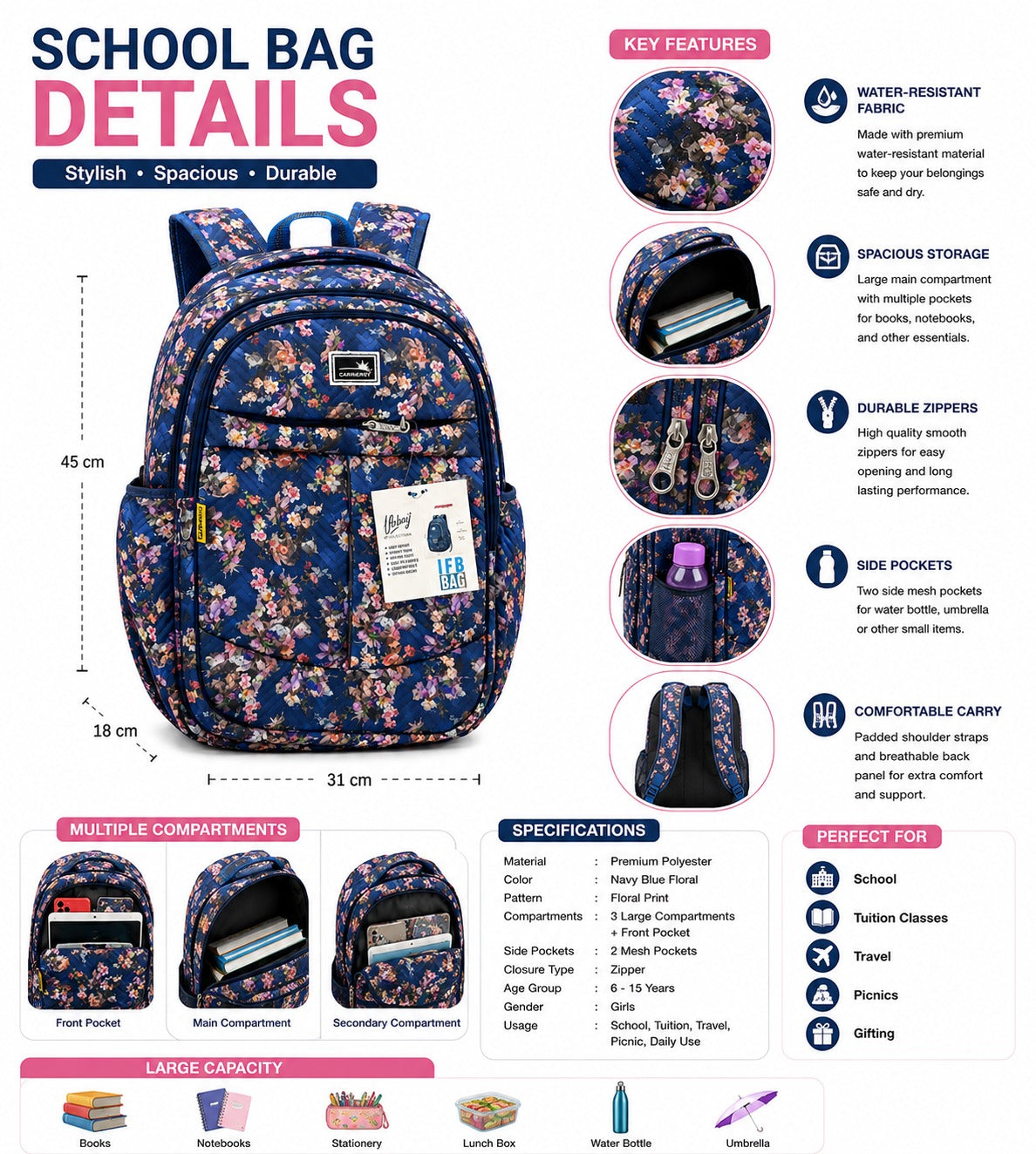 Carrierry Floral Print School Backpack for Girls & Women | Lightweight Water-Resistant College Bag | Spacious Casual Travel Backpack with Multiple Compartments |