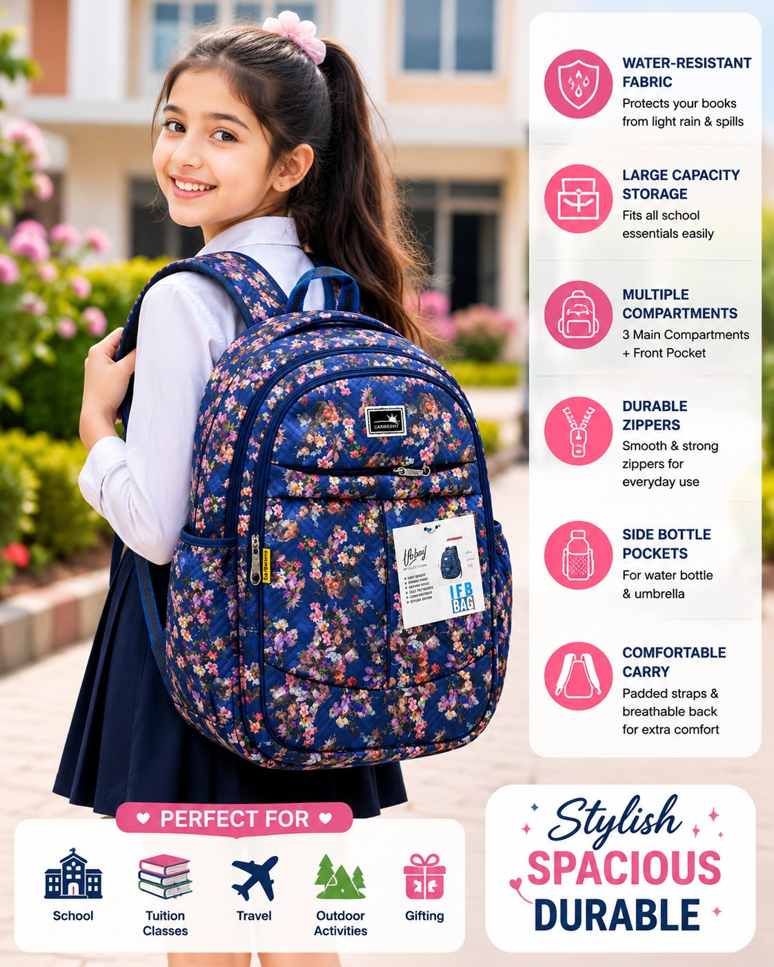 Carrierry Floral Print School Backpack for Girls & Women | Lightweight Water-Resistant College Bag | Spacious Casual Travel Backpack with Multiple Compartments |