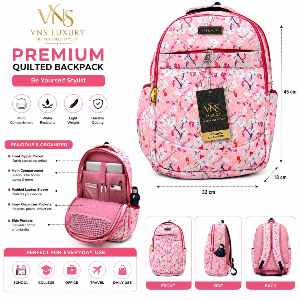 Carrierry Floral Print School Backpack for Girls & Women | Lightweight Water-Resistant College Bag | Spacious Casual Travel Backpack with Multiple Compartments |
