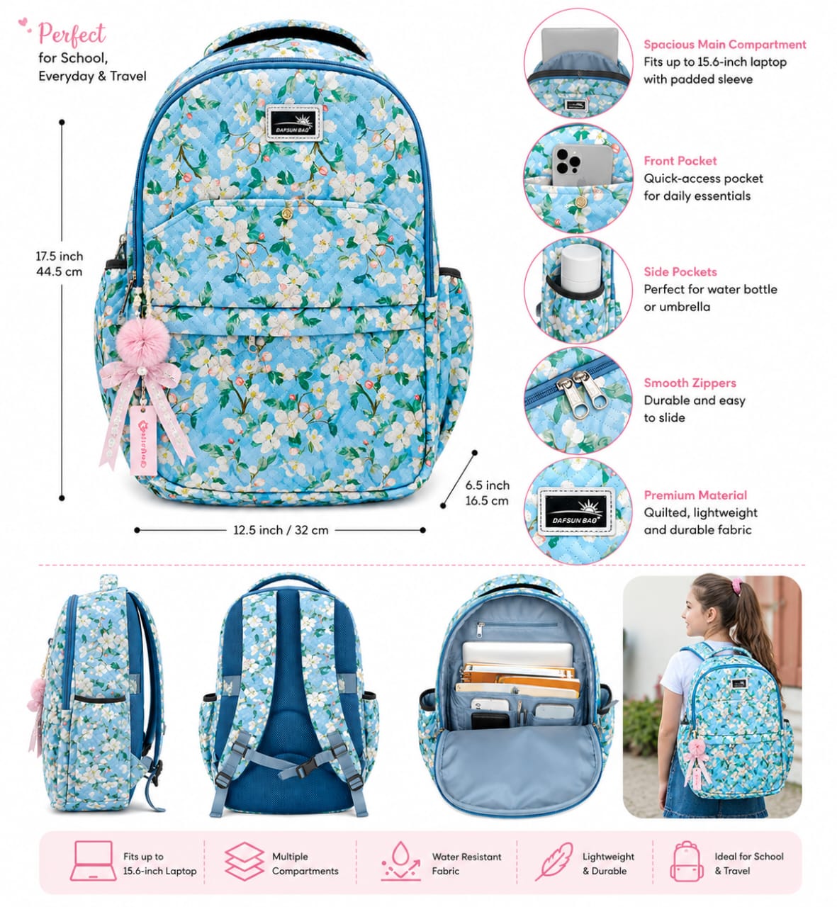 Carrierry Floral Print School Backpack for Girls & Women | Lightweight Water-Resistant College Bag | Spacious Casual Travel Backpack with Multiple Compartments |