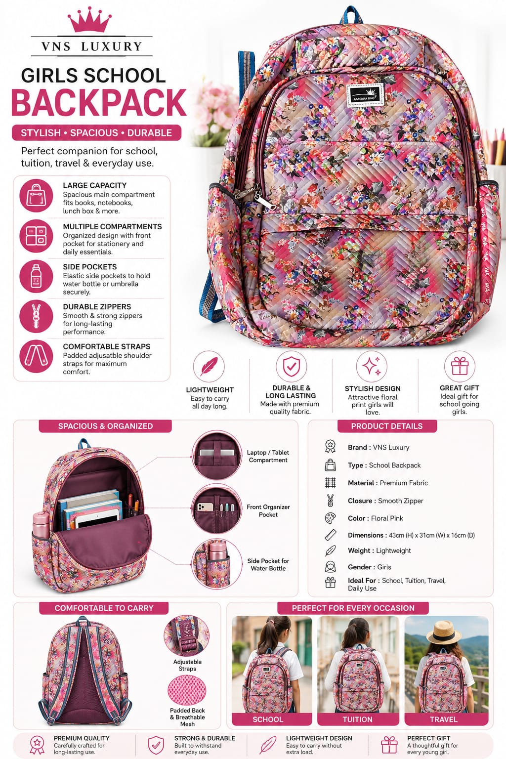 Carrierry Floral Print School Backpack for Girls & Women | Lightweight Water-Resistant College Bag | Spacious Casual Travel Backpack with Multiple Compartments |