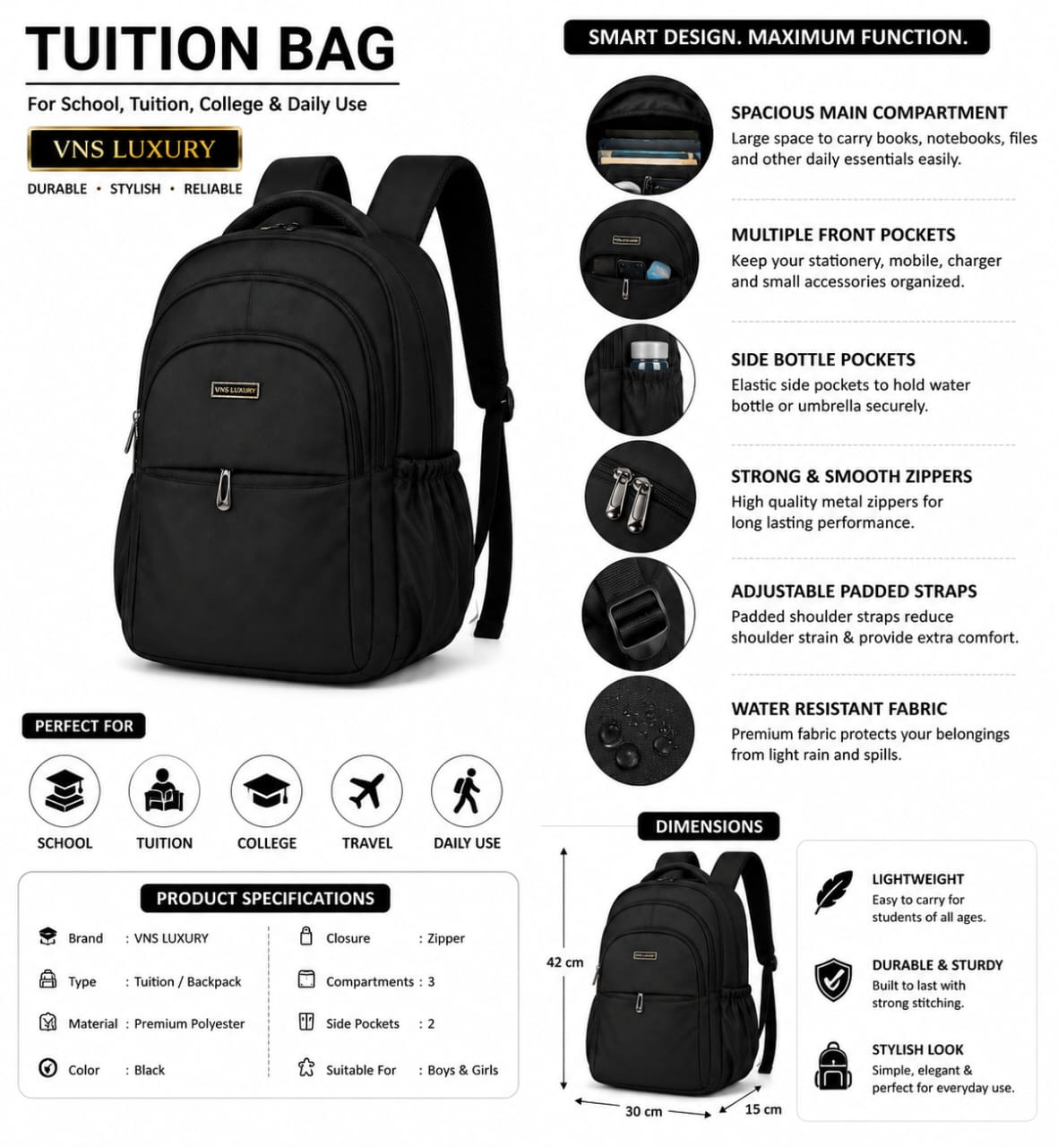 Silver Lightweight Water-Resistant Backpack for  Women  | School, College, Office & Travel Bag | Multiple Compartments |