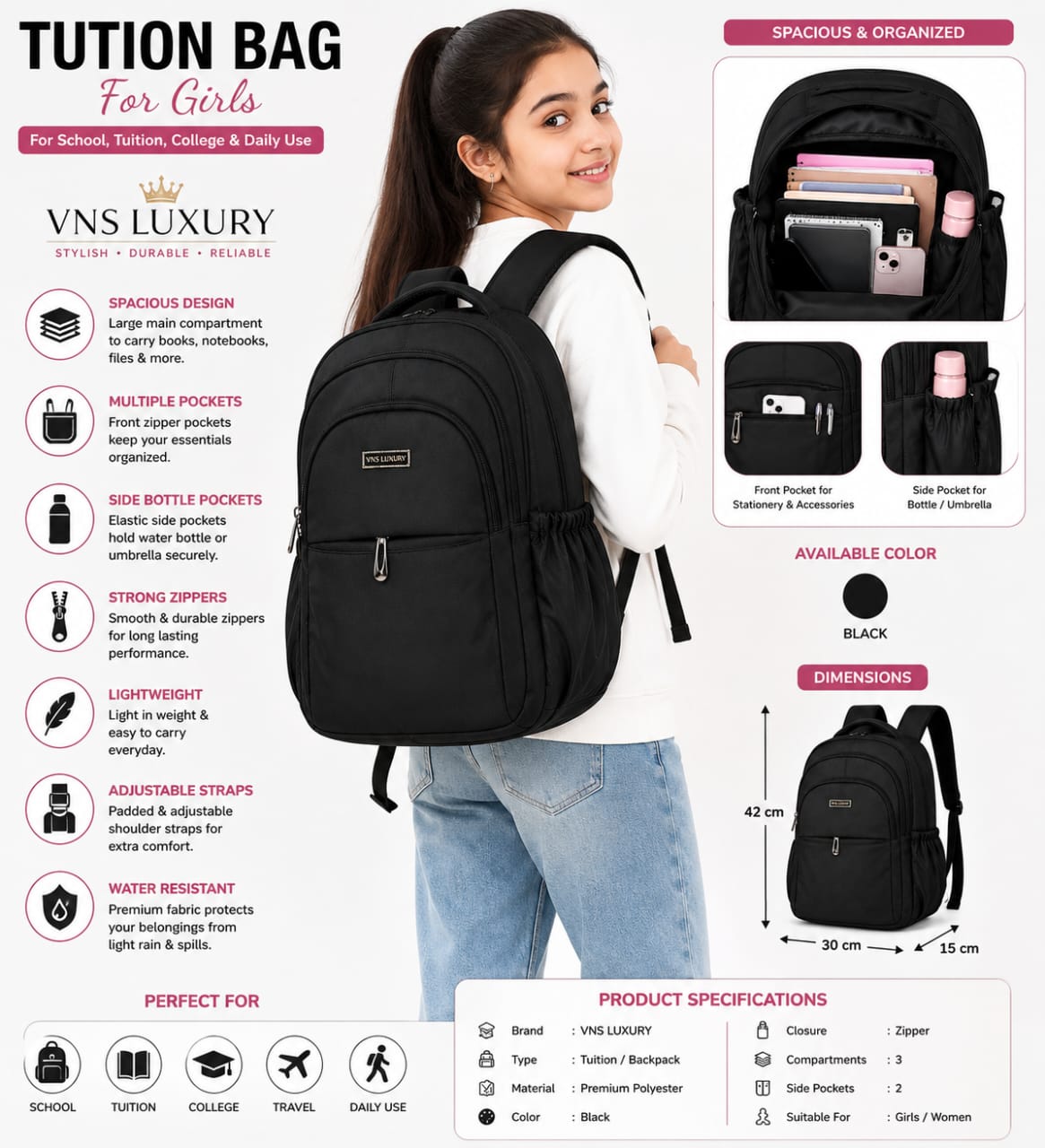 Silver Lightweight Water-Resistant Backpack for  Women  | School, College, Office & Travel Bag | Multiple Compartments |