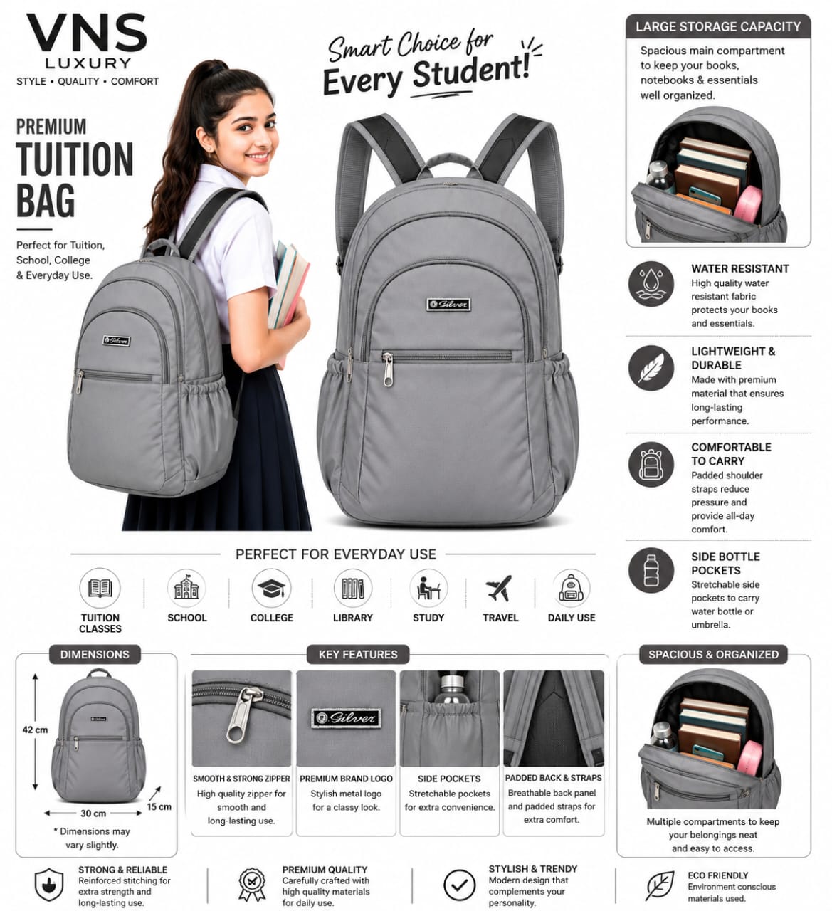 Silver Lightweight Water-Resistant Backpack for  Women  | School, College, Office & Travel Bag | Multiple Compartments |