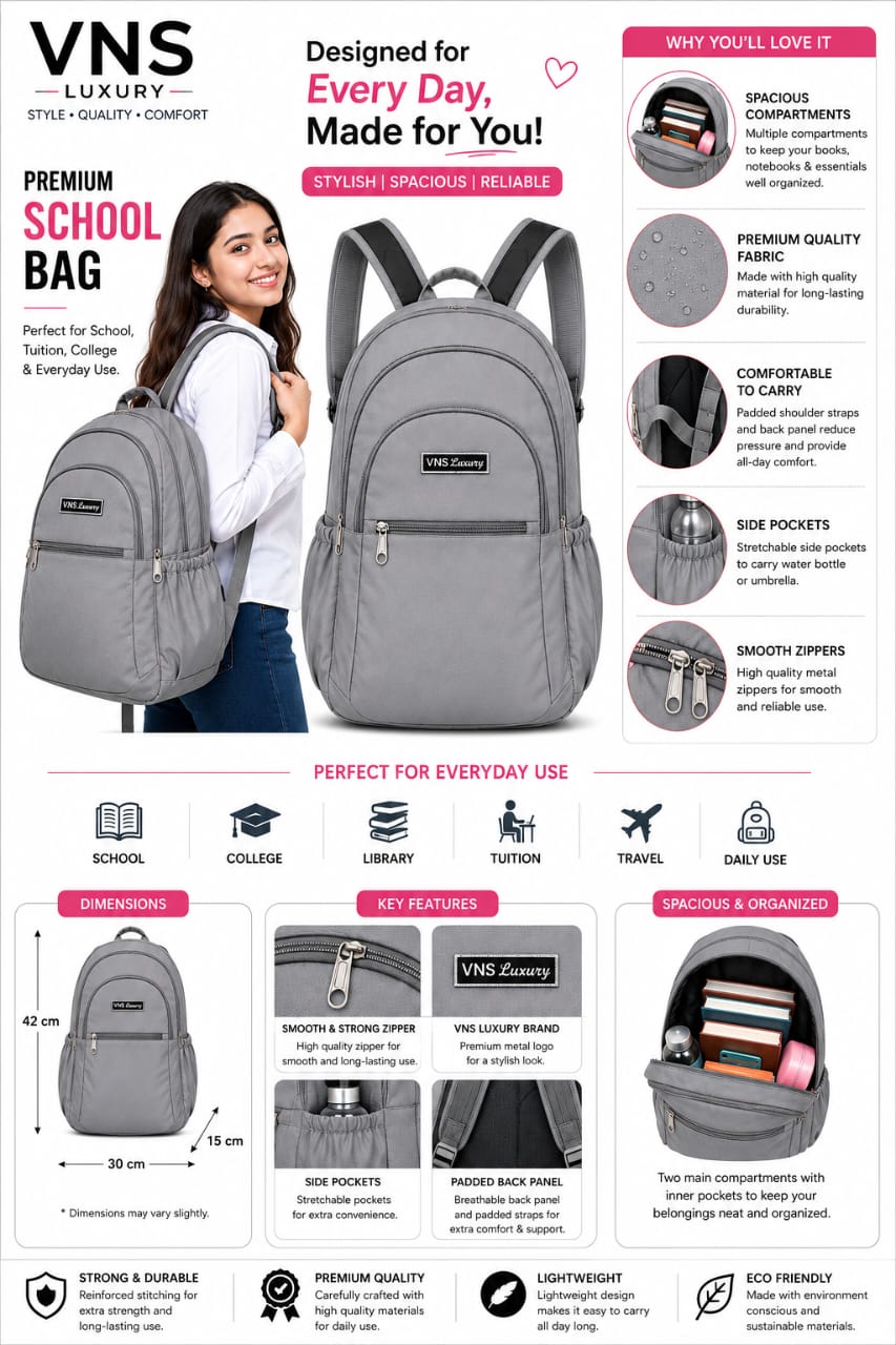 Silver Lightweight Water-Resistant Backpack for  Women  | School, College, Office & Travel Bag | Multiple Compartments |