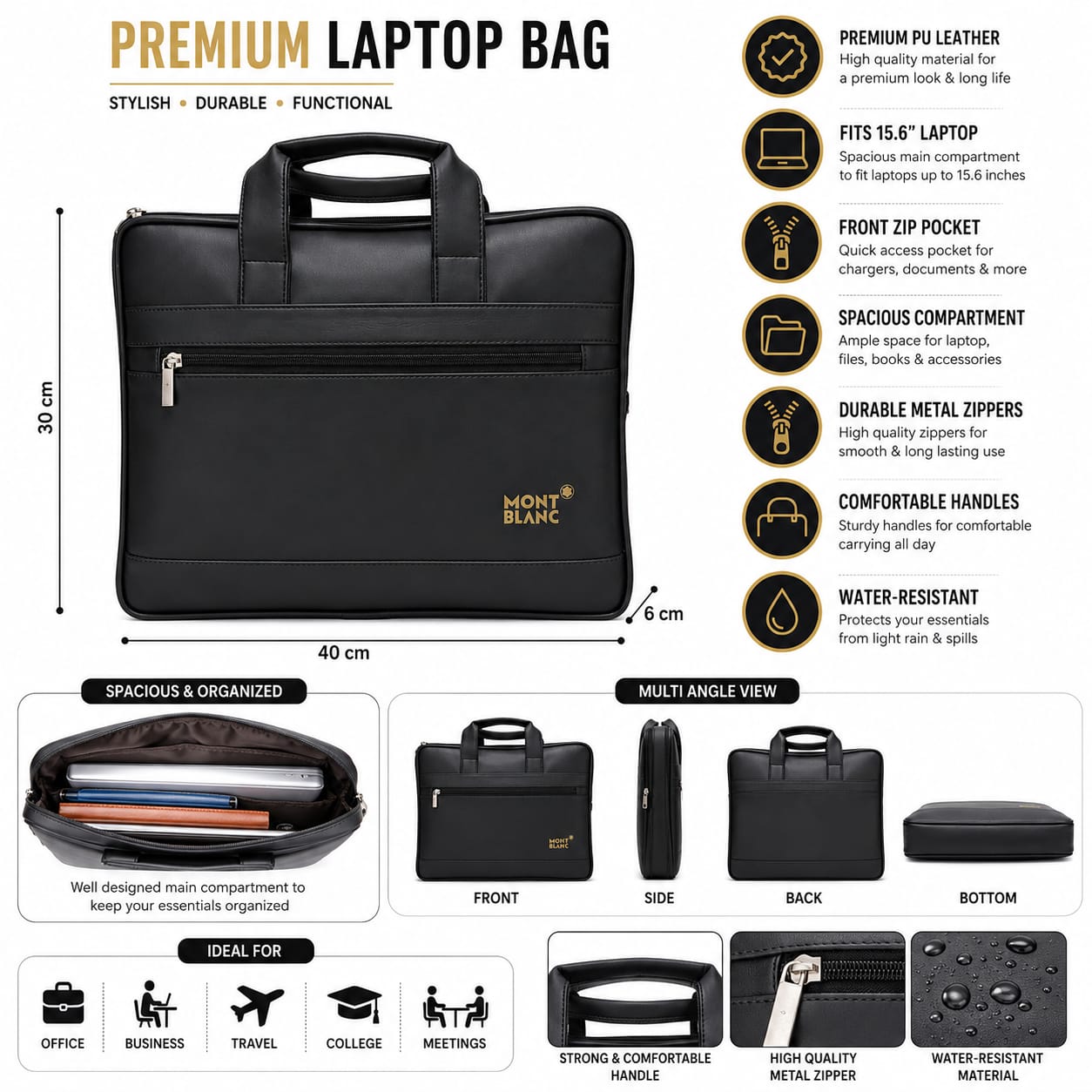 Premium Black brown nd light   dark brown  Leather Laptop Bag for Men | Office Messenger Bag with Front Zipper Pocket | Business Briefcase | Water-Resistant  | Travel & Work Handbag