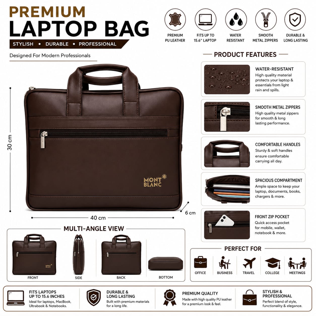 Premium Black brown nd light   dark brown  Leather Laptop Bag for Men | Office Messenger Bag with Front Zipper Pocket | Business Briefcase | Water-Resistant  | Travel & Work Handbag