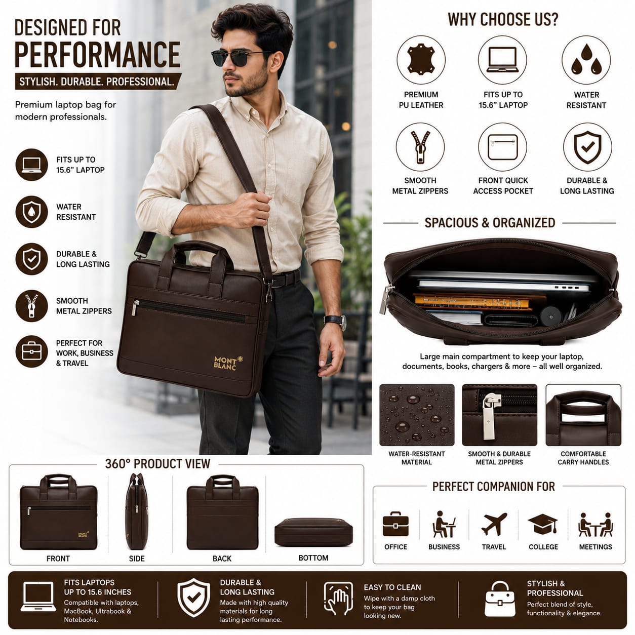 Premium Black brown nd light   dark brown  Leather Laptop Bag for Men | Office Messenger Bag with Front Zipper Pocket | Business Briefcase | Water-Resistant  | Travel & Work Handbag