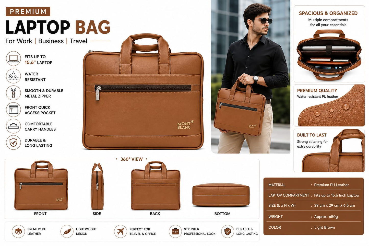 Premium Black brown nd light   dark brown  Leather Laptop Bag for Men | Office Messenger Bag with Front Zipper Pocket | Business Briefcase | Water-Resistant  | Travel & Work Handbag