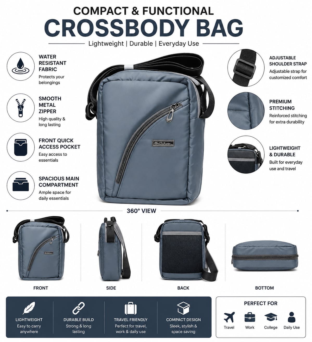 Silver Crossbody Sling Bag for Men & Women | Water-Resistant Shoulder Messenger Bag | Compact Travel Side Bag with Multiple Zipper Pockets | Daily Use Office & Casual Bag | Light Blue nd black