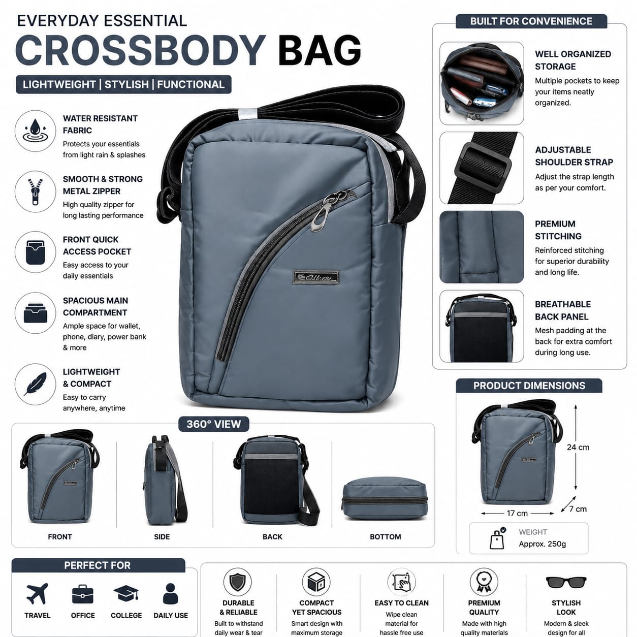 Silver Crossbody Sling Bag for Men & Women | Water-Resistant Shoulder Messenger Bag | Compact Travel Side Bag with Multiple Zipper Pockets | Daily Use Office & Casual Bag | Light Blue nd black
