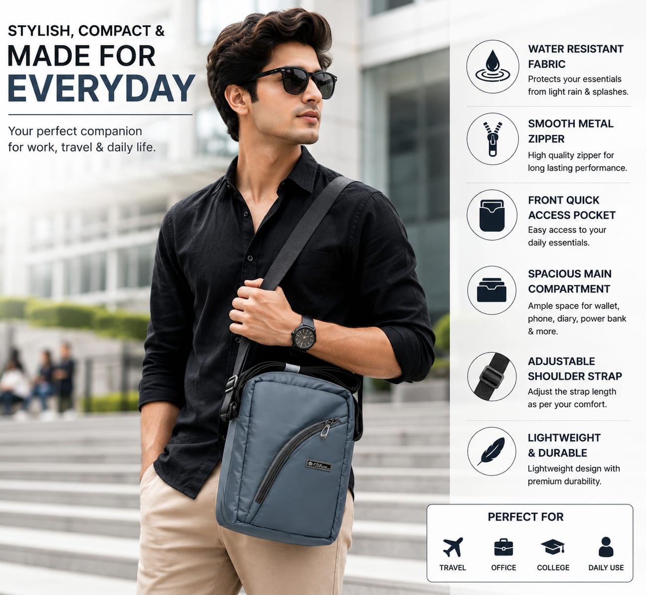 Silver Crossbody Sling Bag for Men & Women | Water-Resistant Shoulder Messenger Bag | Compact Travel Side Bag with Multiple Zipper Pockets | Daily Use Office & Casual Bag | Light Blue nd black