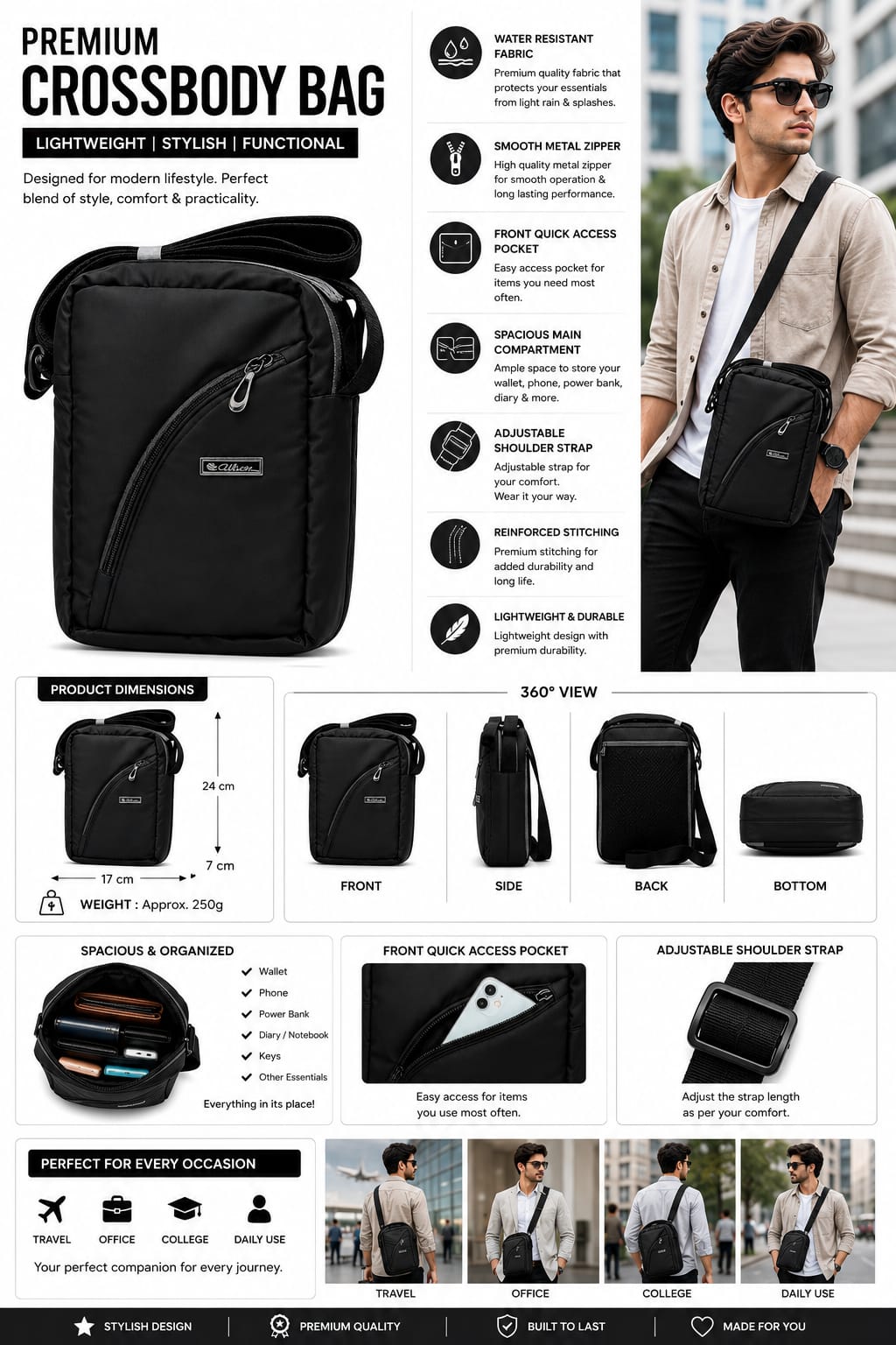 Silver Crossbody Sling Bag for Men & Women | Water-Resistant Shoulder Messenger Bag | Compact Travel Side Bag with Multiple Zipper Pockets | Daily Use Office & Casual Bag | Light Blue nd black