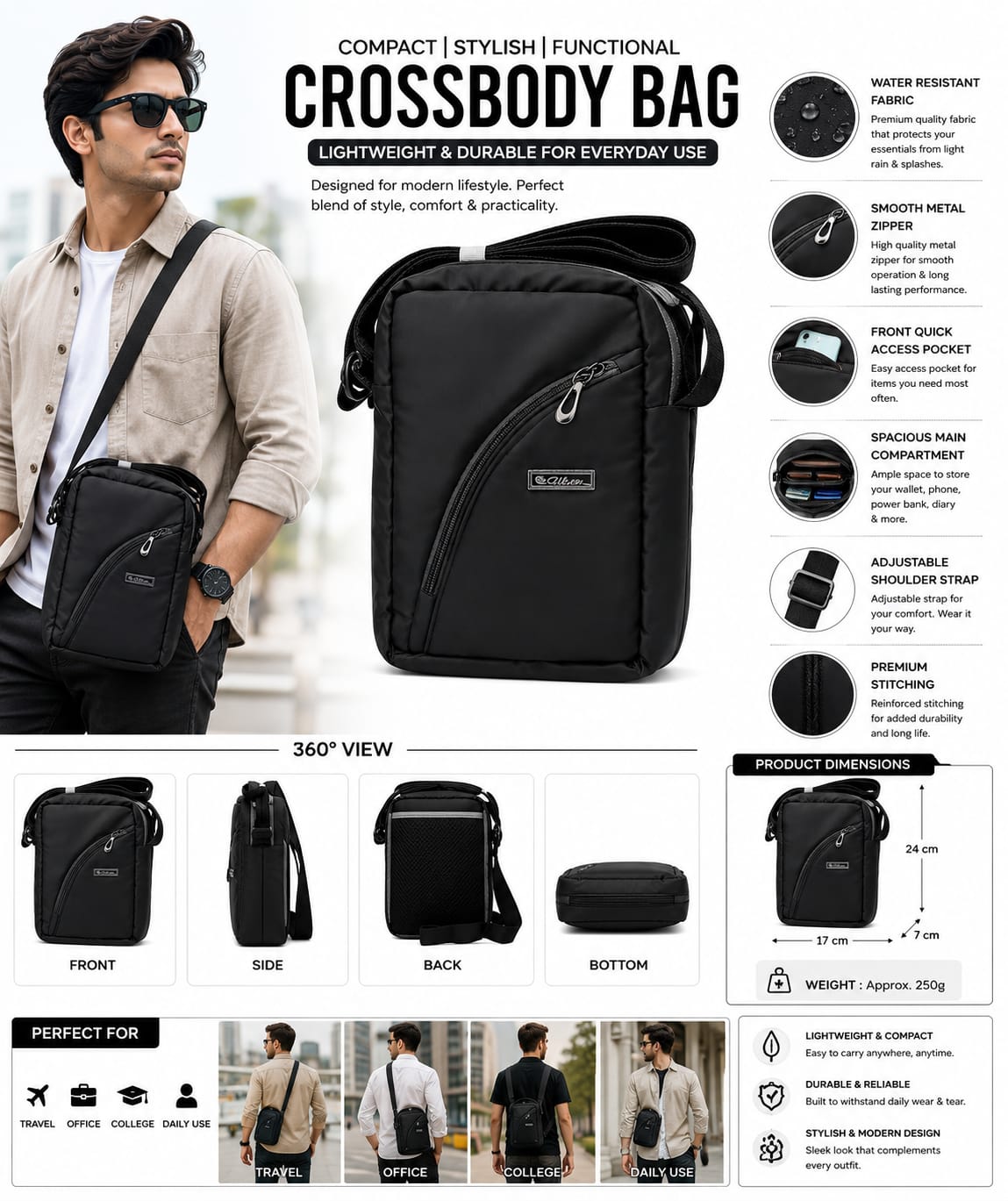 Silver Crossbody Sling Bag for Men & Women | Water-Resistant Shoulder Messenger Bag | Compact Travel Side Bag with Multiple Zipper Pockets | Daily Use Office & Casual Bag | Light Blue nd black