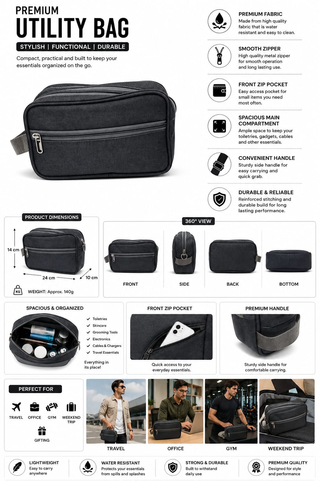 Silver Travel Toiletry Bag for Men & Women | Water-Resistant Shaving Kit Organizer | Multi-Compartment Cosmetic & Grooming Pouch with Zipper | Portable Wash Bag | Grey nd blue