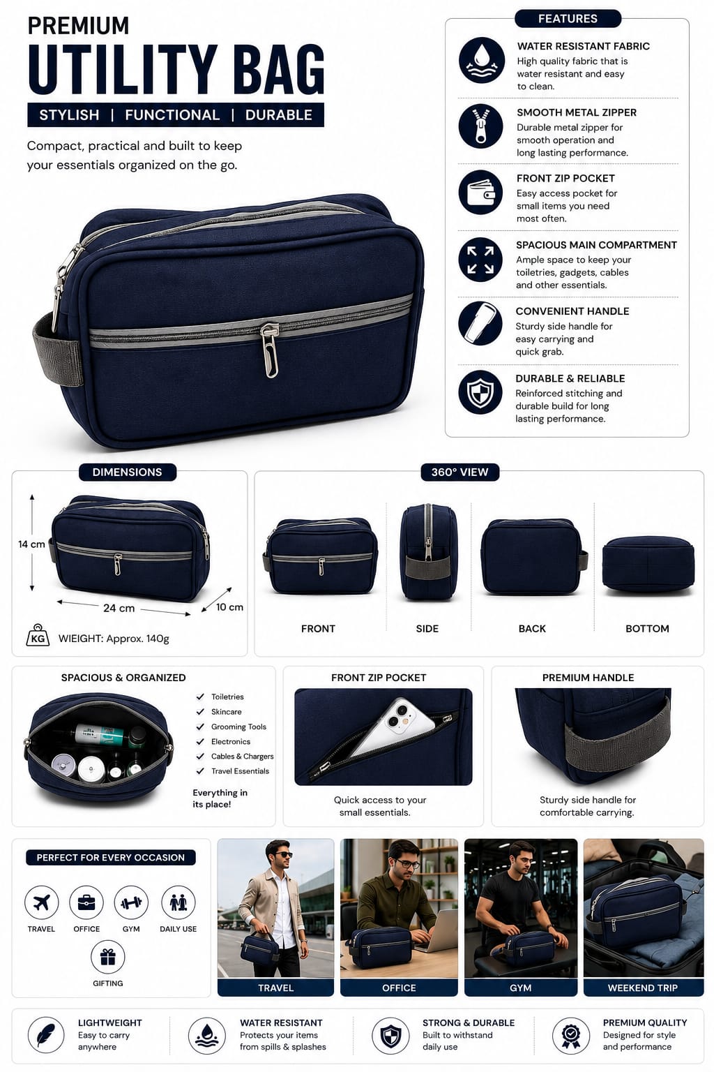 Silver Travel Toiletry Bag for Men & Women | Water-Resistant Shaving Kit Organizer | Multi-Compartment Cosmetic & Grooming Pouch with Zipper | Portable Wash Bag | Grey nd blue